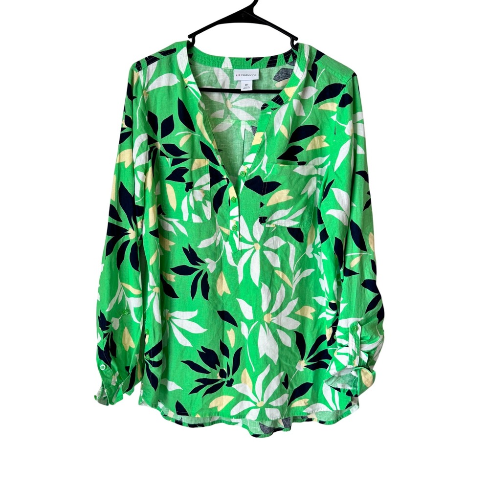 Liz Claiborne Green Floral Linen Blend Roll Tab Sleeve Blouse MT RN93677